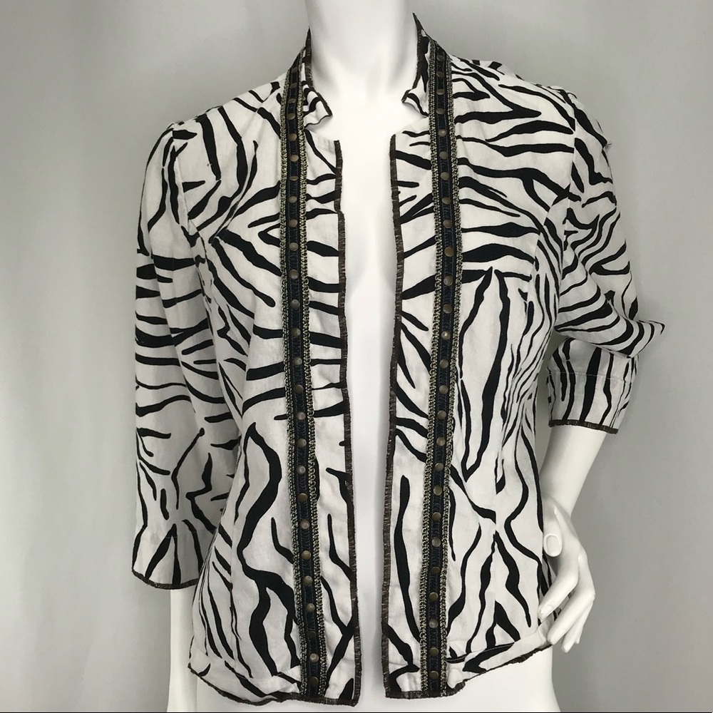 Chicos 1 Embellished 3/4 Sleeve Linen Zebra Blazer